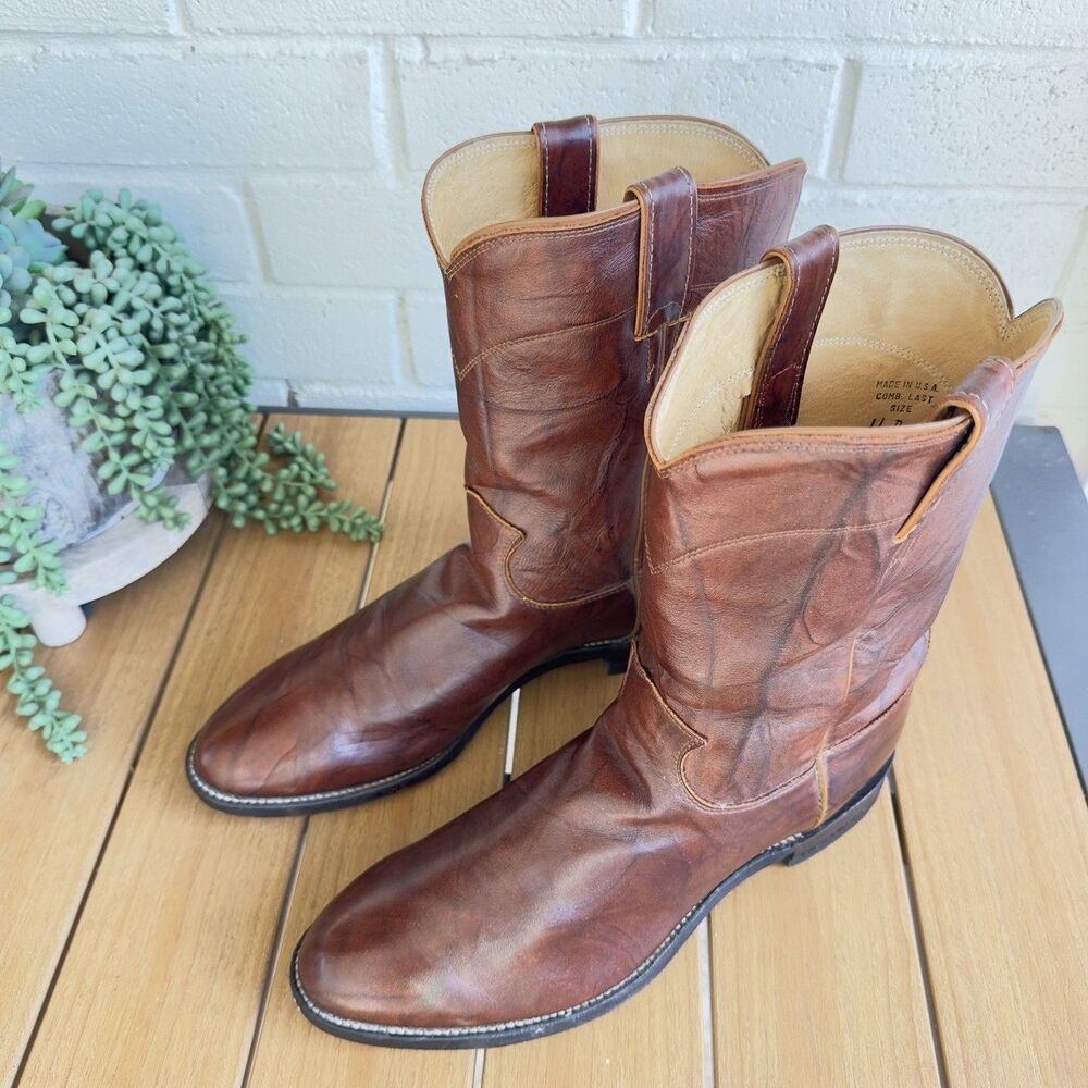 VTG Justin 3163 Brown Deerskin Leather Roper Western Cowboy Boots Men's 11 D USA